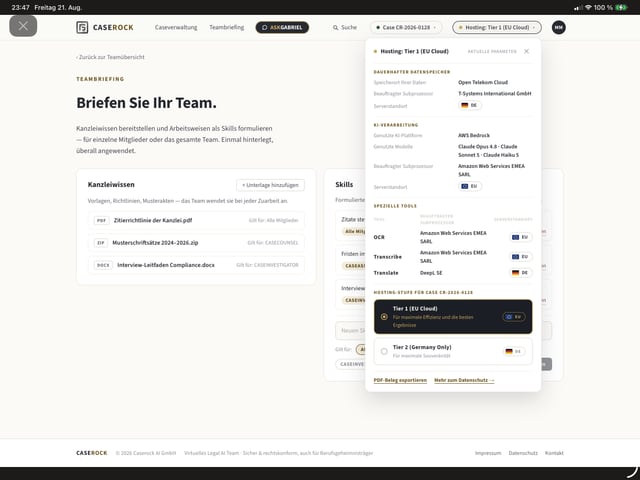 Hosting-Parameter — Speicherort, Modelle, Subprozessoren je Case